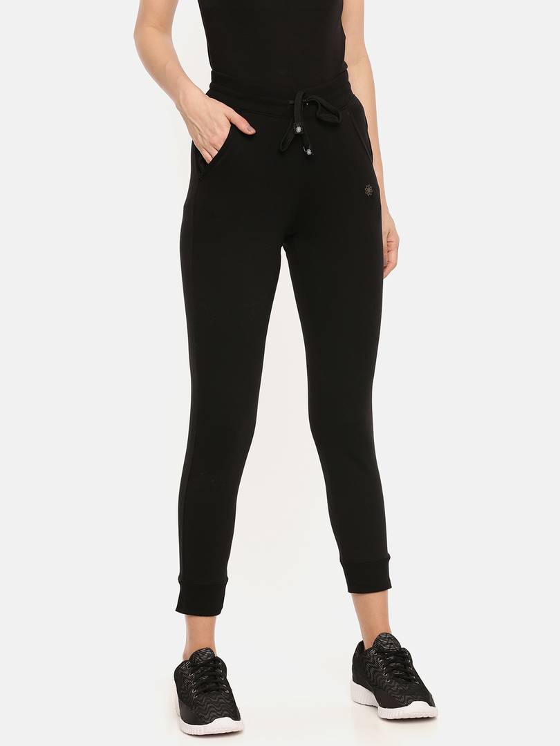 Elegant Black Cotton Self Pattern Track Pant For Women